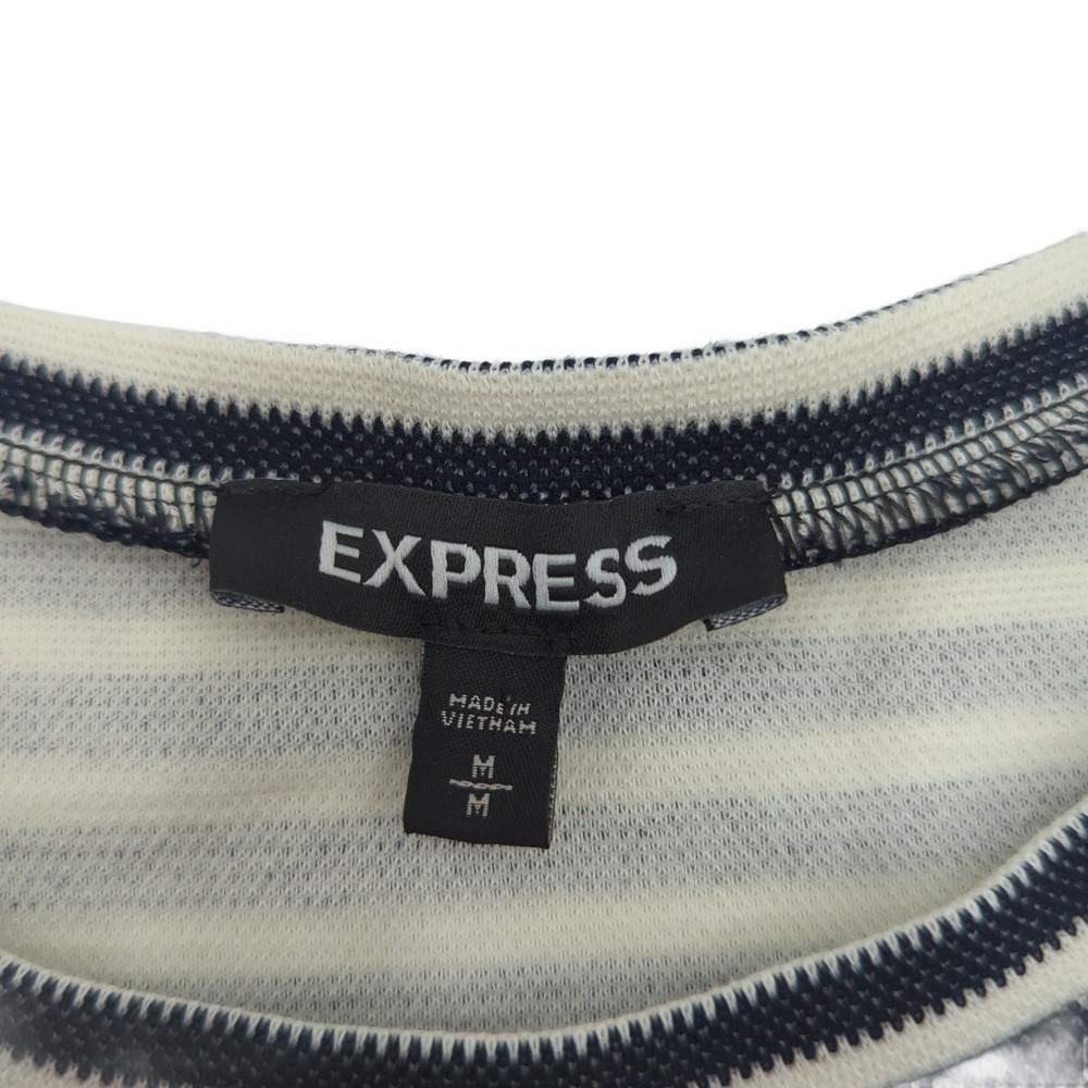 Express Navy Blue White Striped Short Sleeve Tie Waist Knit Top Medium - Picture 5 of 6